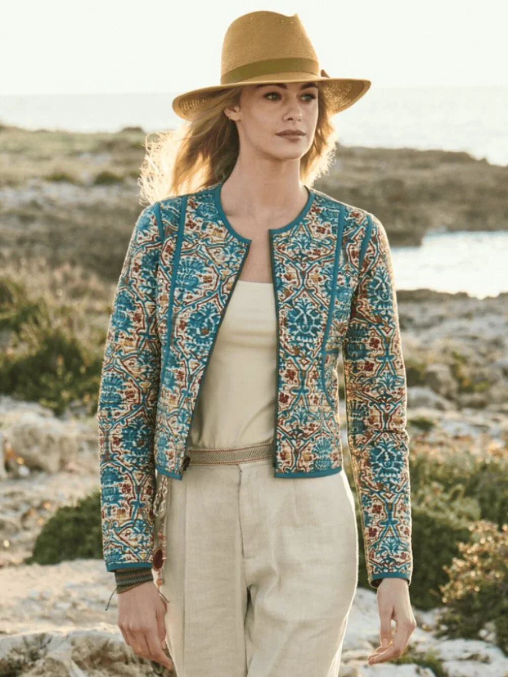 Peruvian Connection Anya Reversible Jacket Block Print Floral Zip L